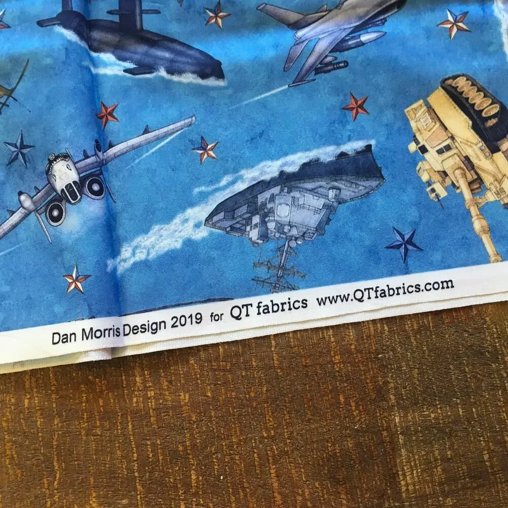 All American QT Fabric 1 yd Dan Morris Military Vehicles Blue 27615 Cotton